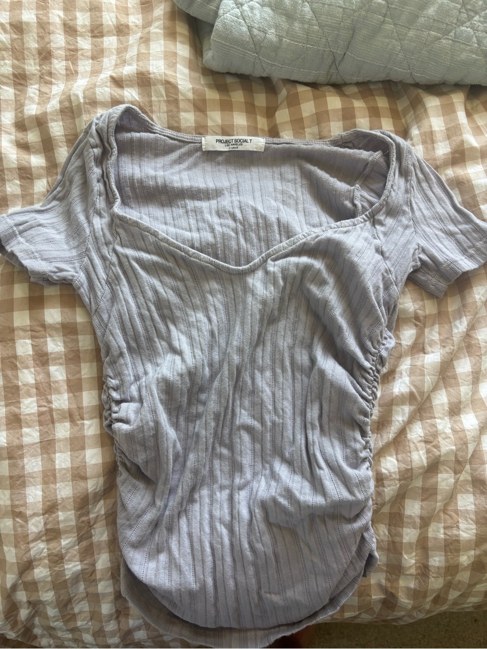 Project Social T Lavender Ribbed Scoop Neck Side-Ruched Top